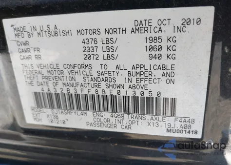 2011 Mitsubishi Galant Es/Se из США, поврежденный, VIN 4A32B3FF8BE013050